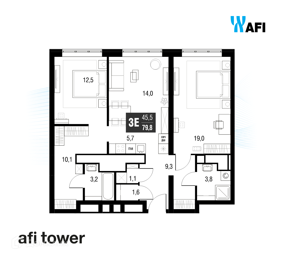 Планировка 3-комн. в ЖК «Afi Tower»