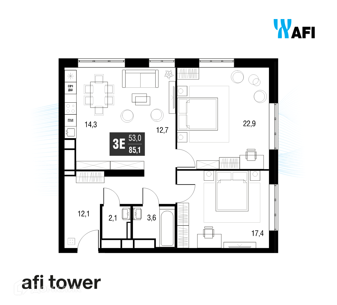 Планировка 3-комн. в ЖК «Afi Tower»