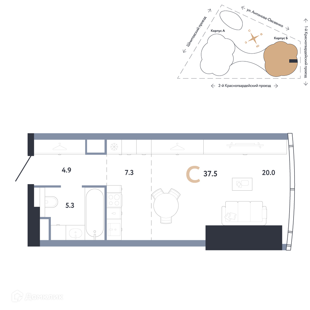 Планировка Студия в ЖК «Аурус Резиденс»