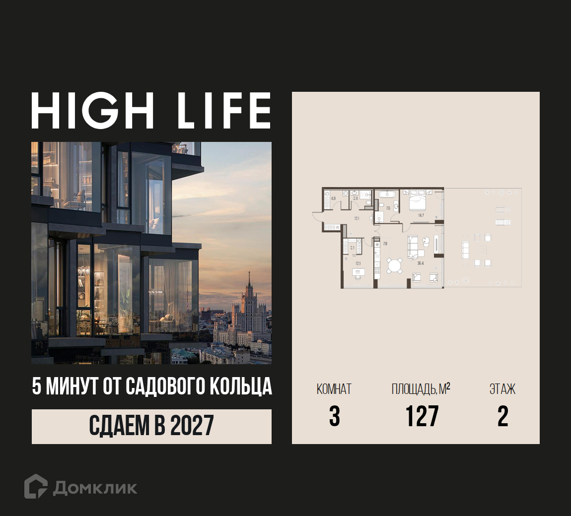 Планировка 2-комн. в ЖК «HIGH LIFE»
