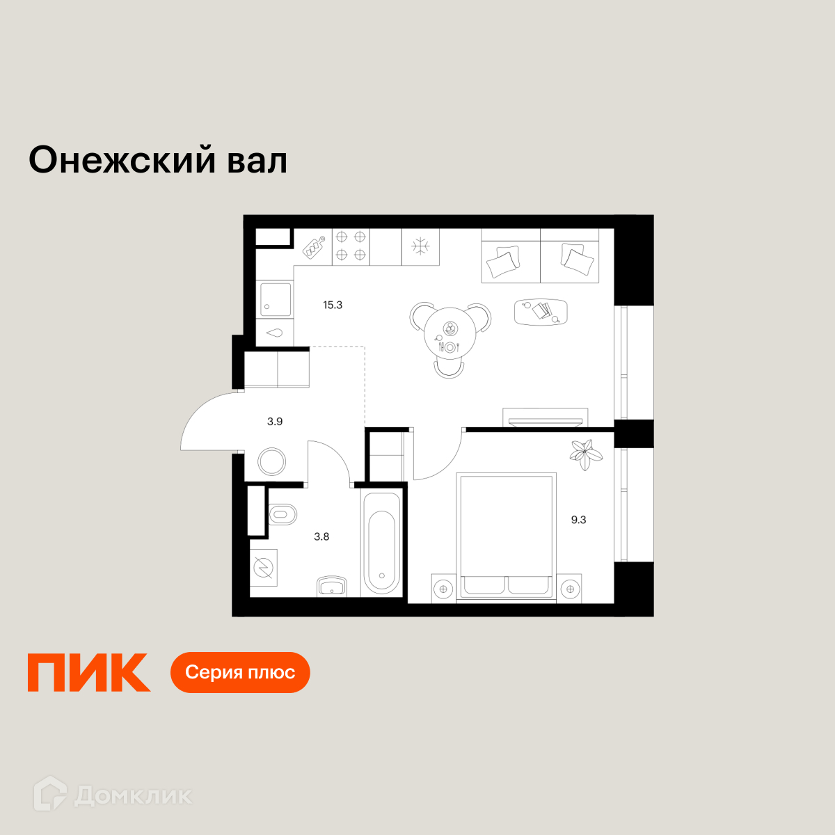 Планировка 1-комн. в ЖК «Онежский вал»
