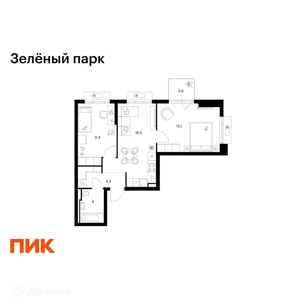 Планировка 2-комн. в ЖК «Зелёный парк»