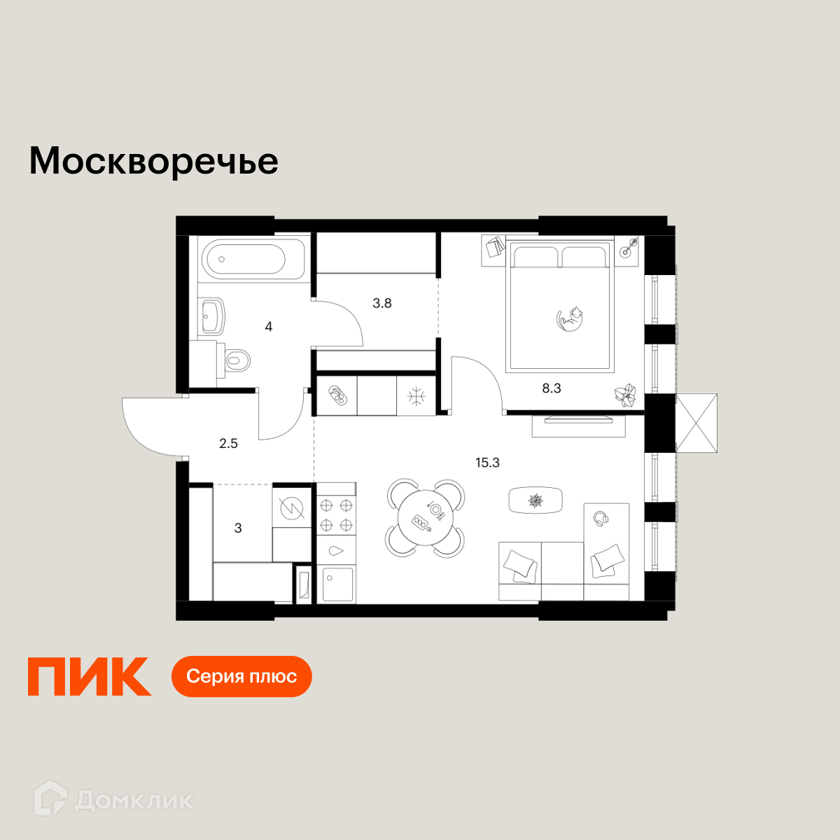 Планировка 1-комн. в ЖК «Москворечье»
