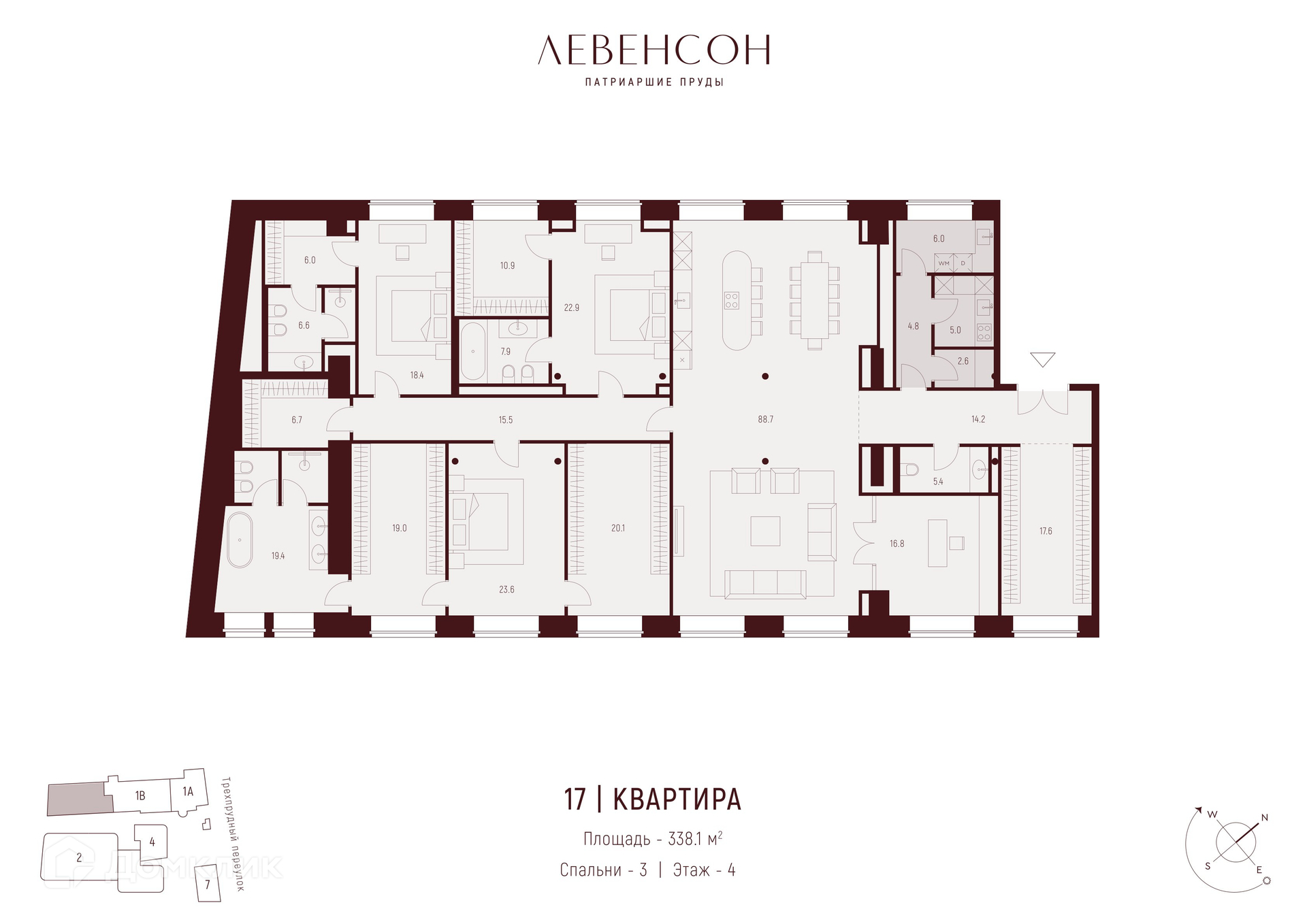 Планировка 3-комн. в ЖК «Левенсон»