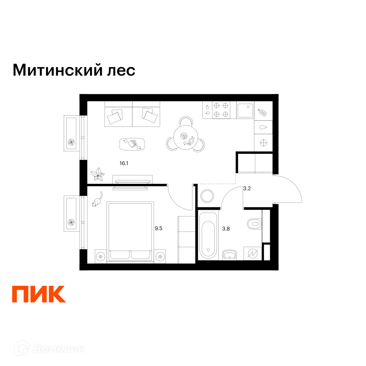 Планировка 1-комн. в ЖК «Митинский лес»