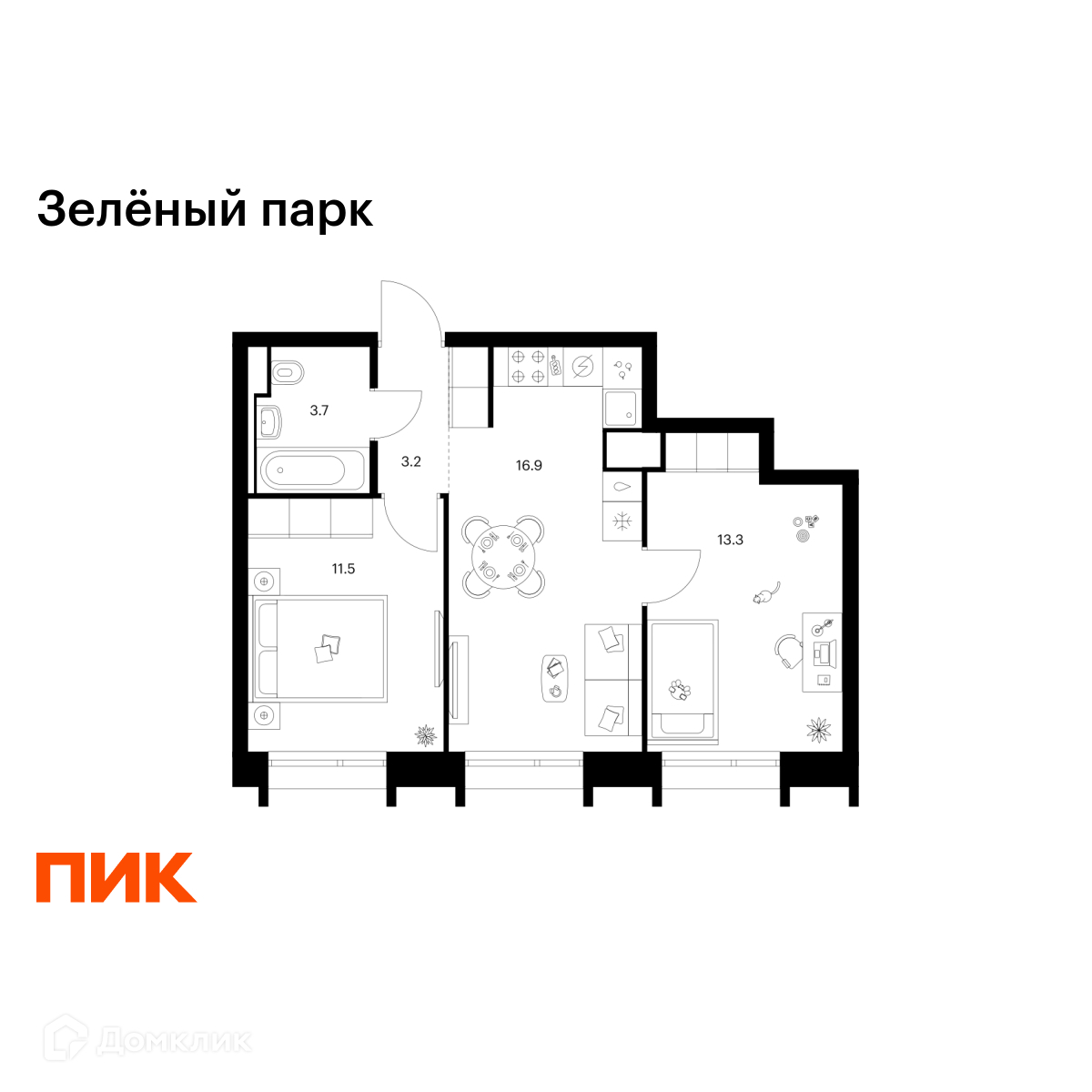 Планировка 2-комн. в ЖК «Зелёный парк»