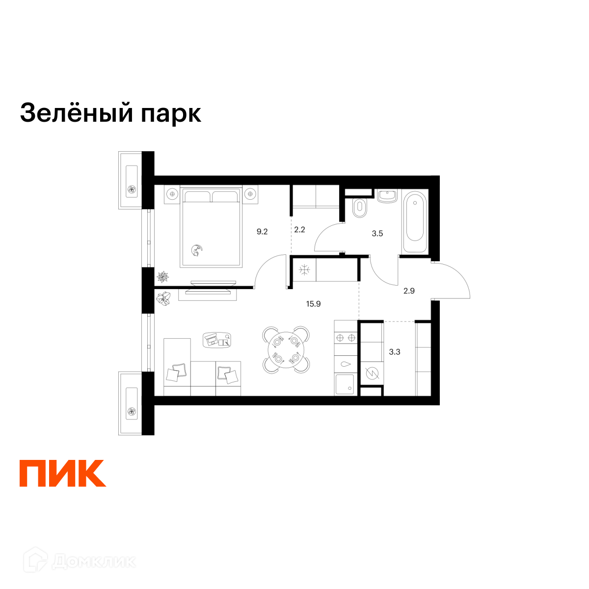 Планировка 1-комн. в ЖК «Зелёный парк»