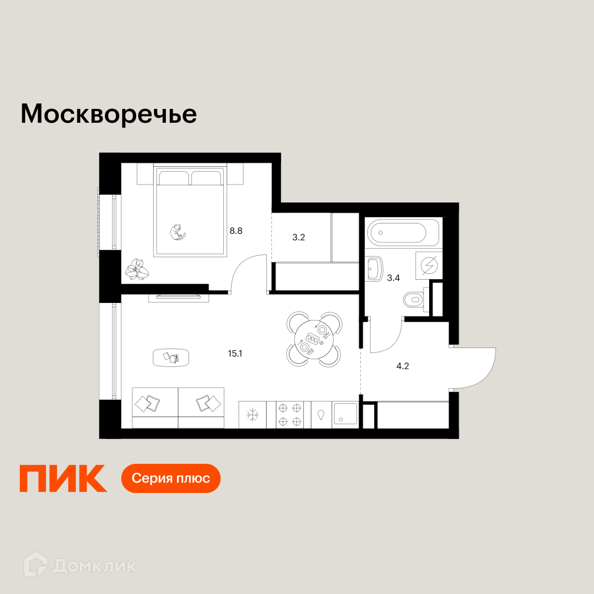 Планировка 1-комн. в ЖК «Москворечье»