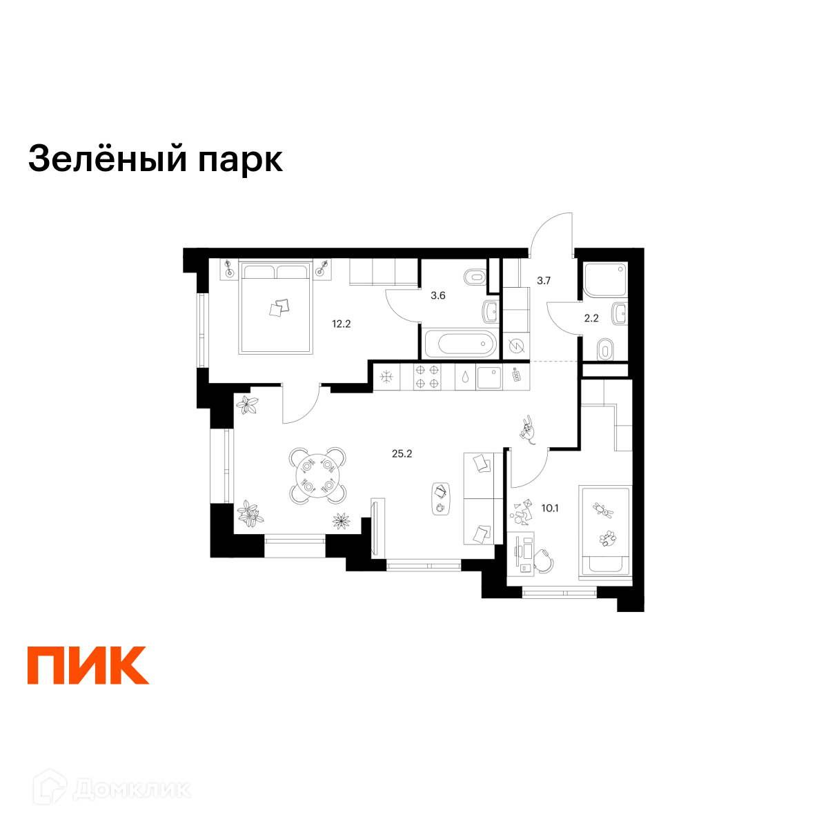 Планировка 2-комн. в ЖК «Зелёный парк»