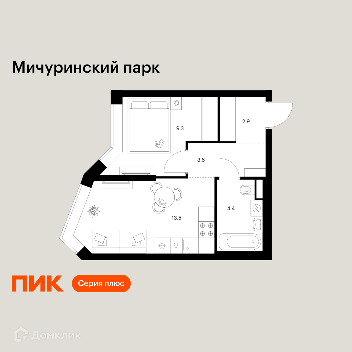 Планировка 1-комн. в ЖК «Мичуринский парк»