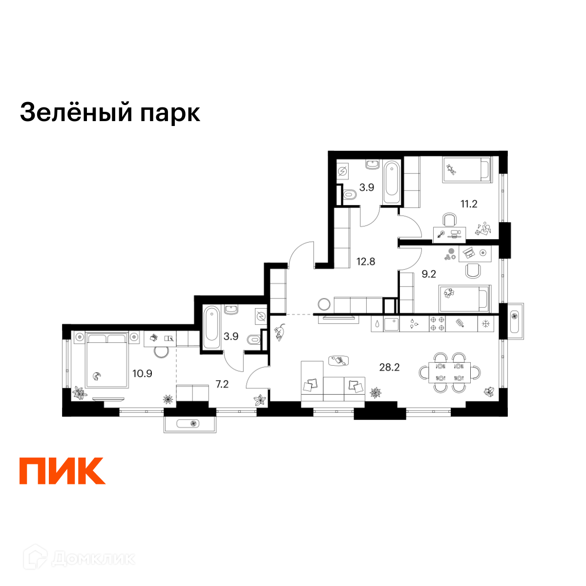 Планировка 3-комн. в ЖК «Зелёный парк»