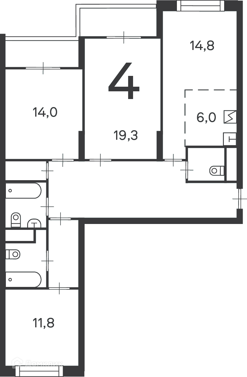 Планировка 4-комн. в ЖК «Клинская ул., д. 2А, к. 7 (Московские кварталы)»