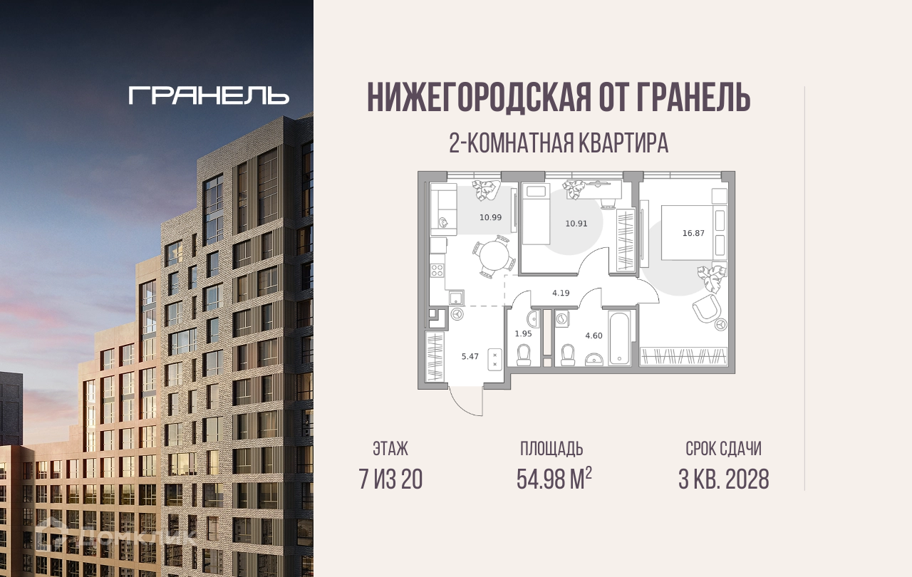Планировка 2-комн. в ЖК «Нижегородская от Гранель»
