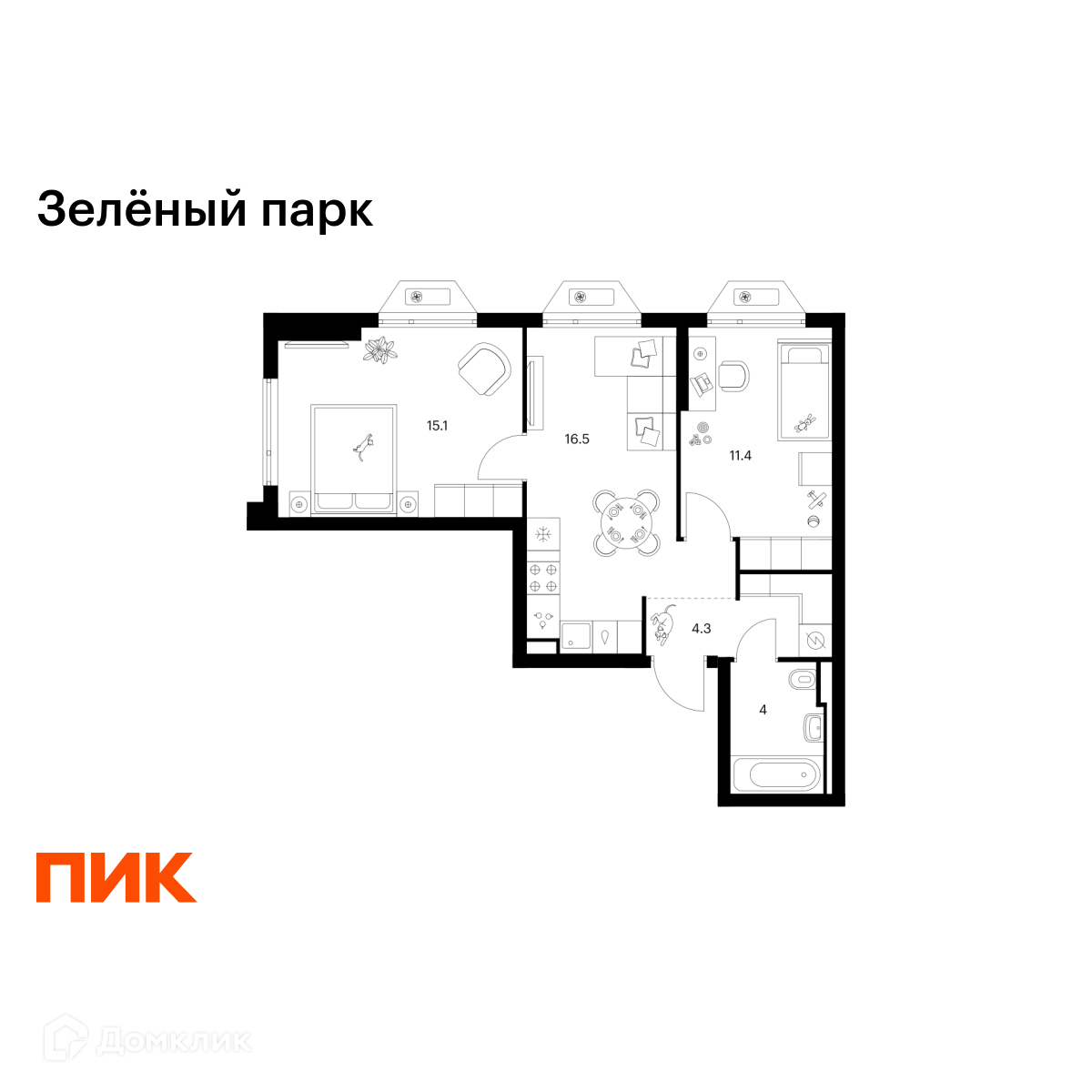 Планировка 2-комн. в ЖК «Зелёный парк»