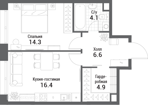 Планировка 1-комн. в ЖК «Нагатино Ай-Лэнд»