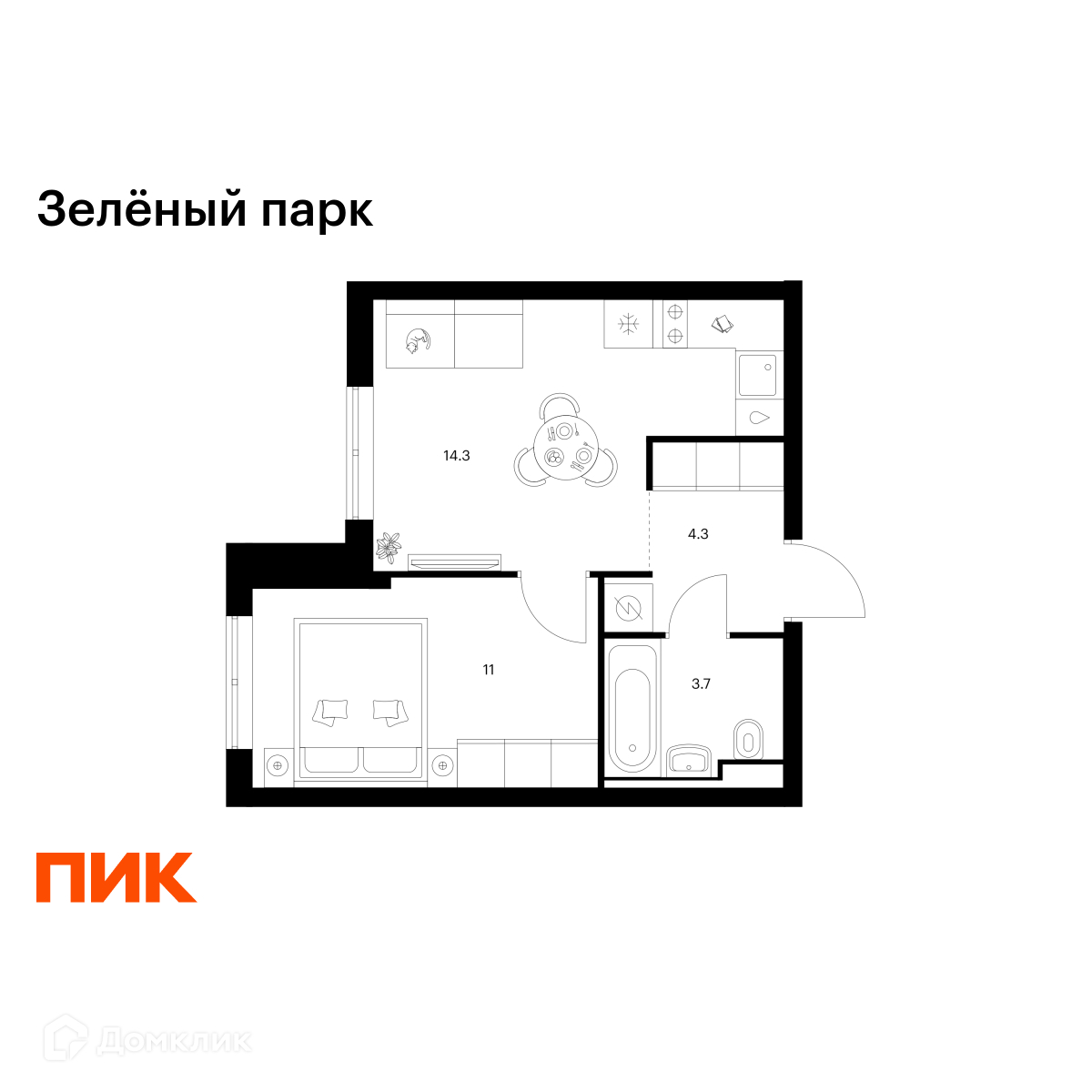 Планировка 1-комн. в ЖК «Зелёный парк»