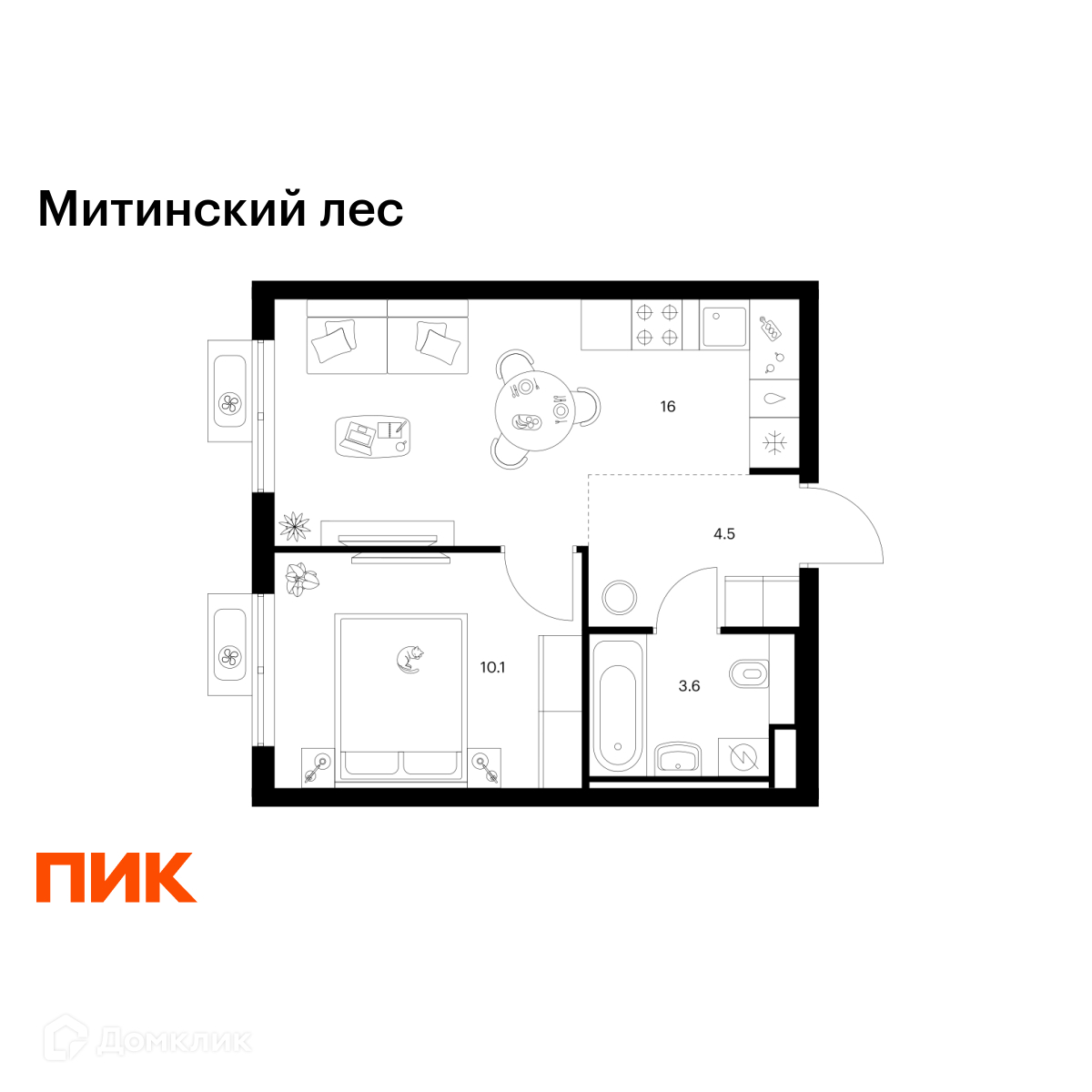 Планировка 1-комн. в ЖК «Митинский лес»