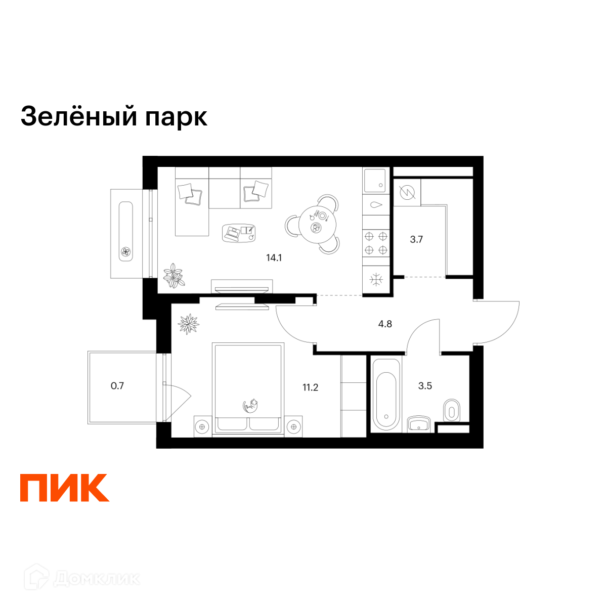Планировка 1-комн. в ЖК «Зелёный парк»