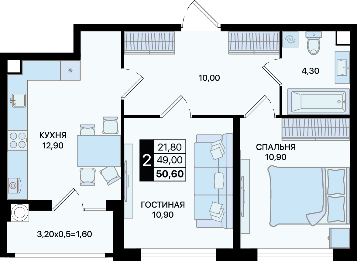 Планировка 2-комн. в ЖК «Движение 61»