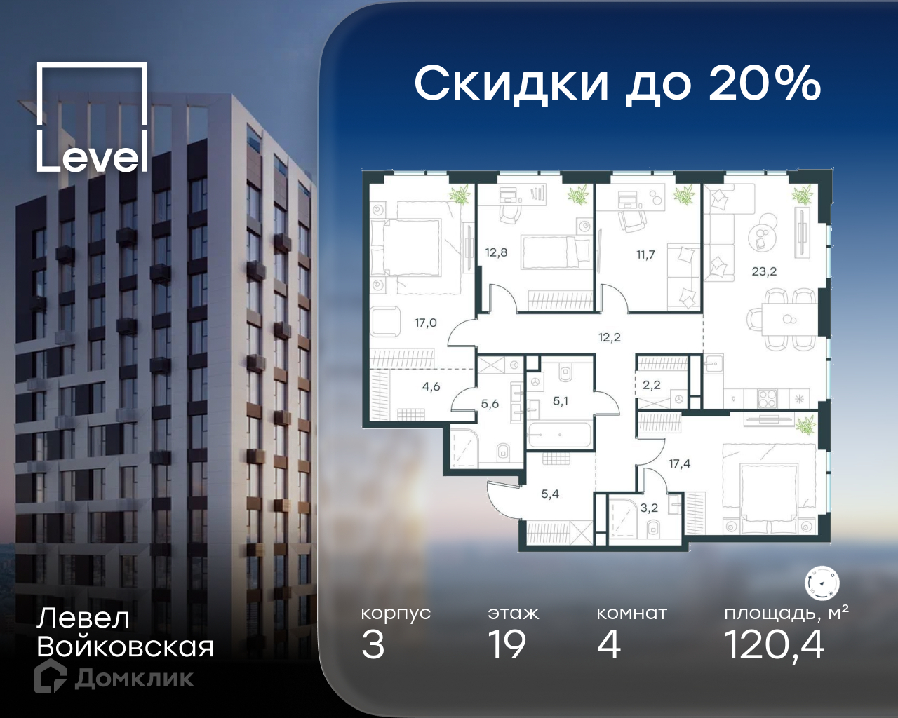 Планировка 4-комн. в ЖК «Левел Войковская»