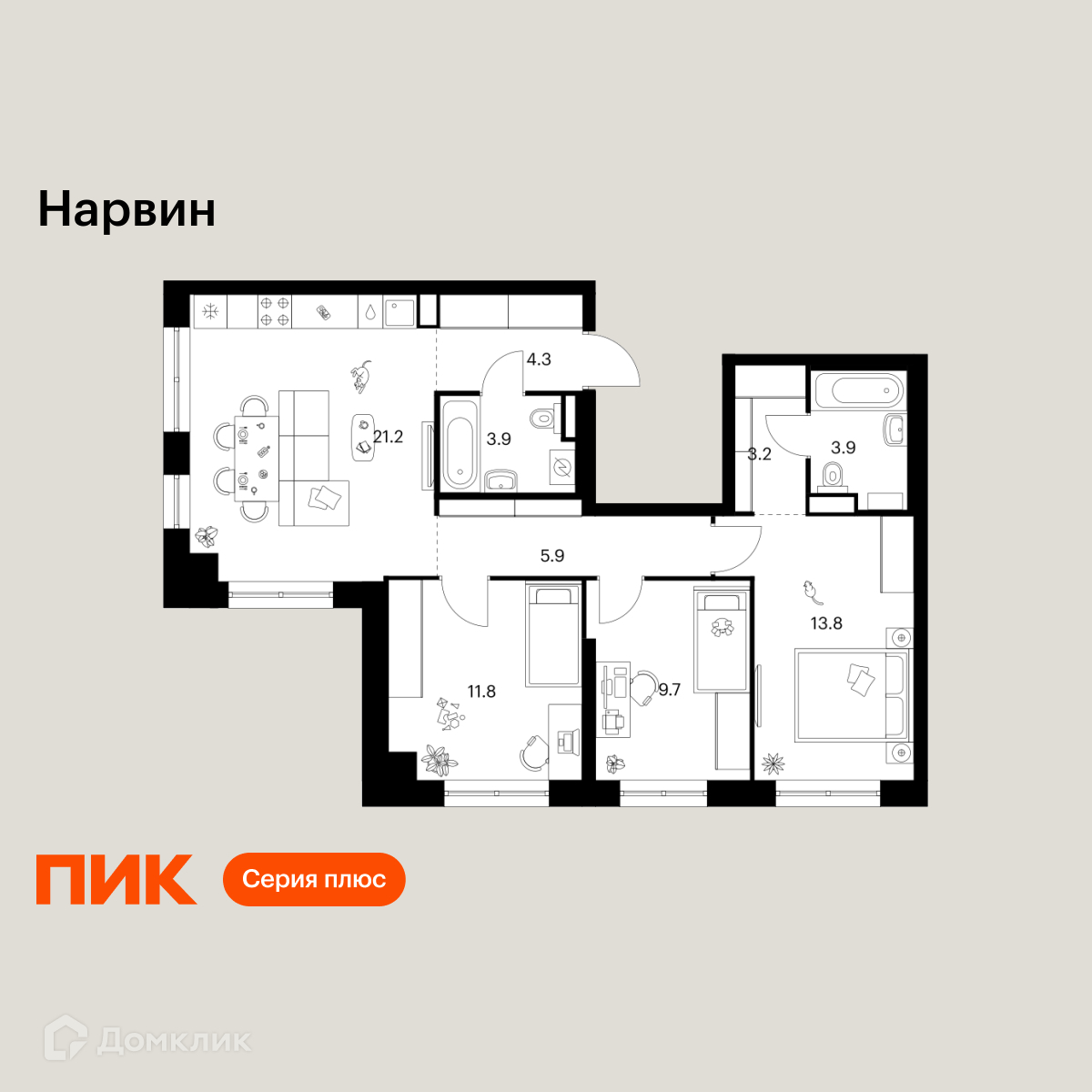 Планировка 3-комн. в ЖК «Нарвин»