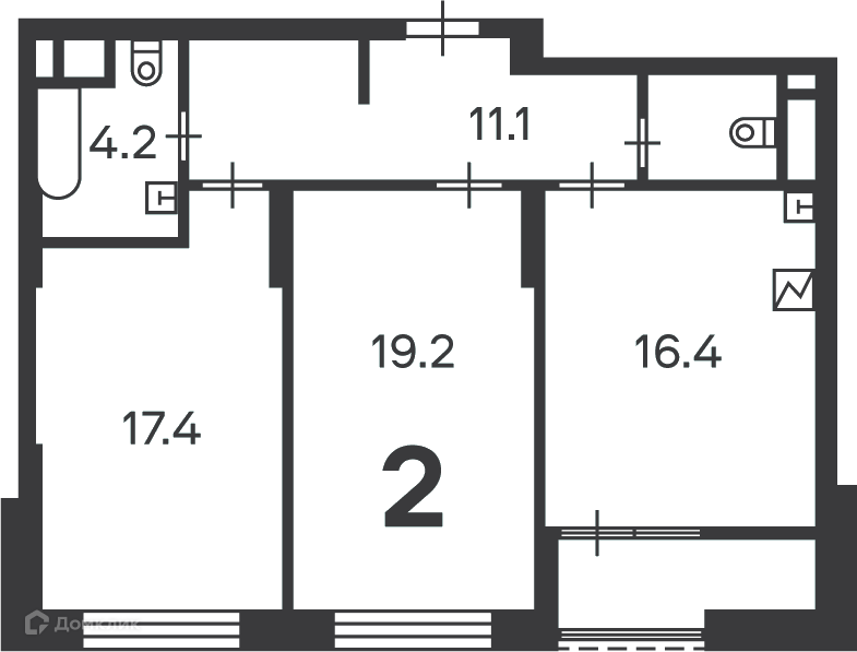 Планировка 2-комн. в ЖК «Клинская ул., д. 2А, к. 7 (Московские кварталы)»