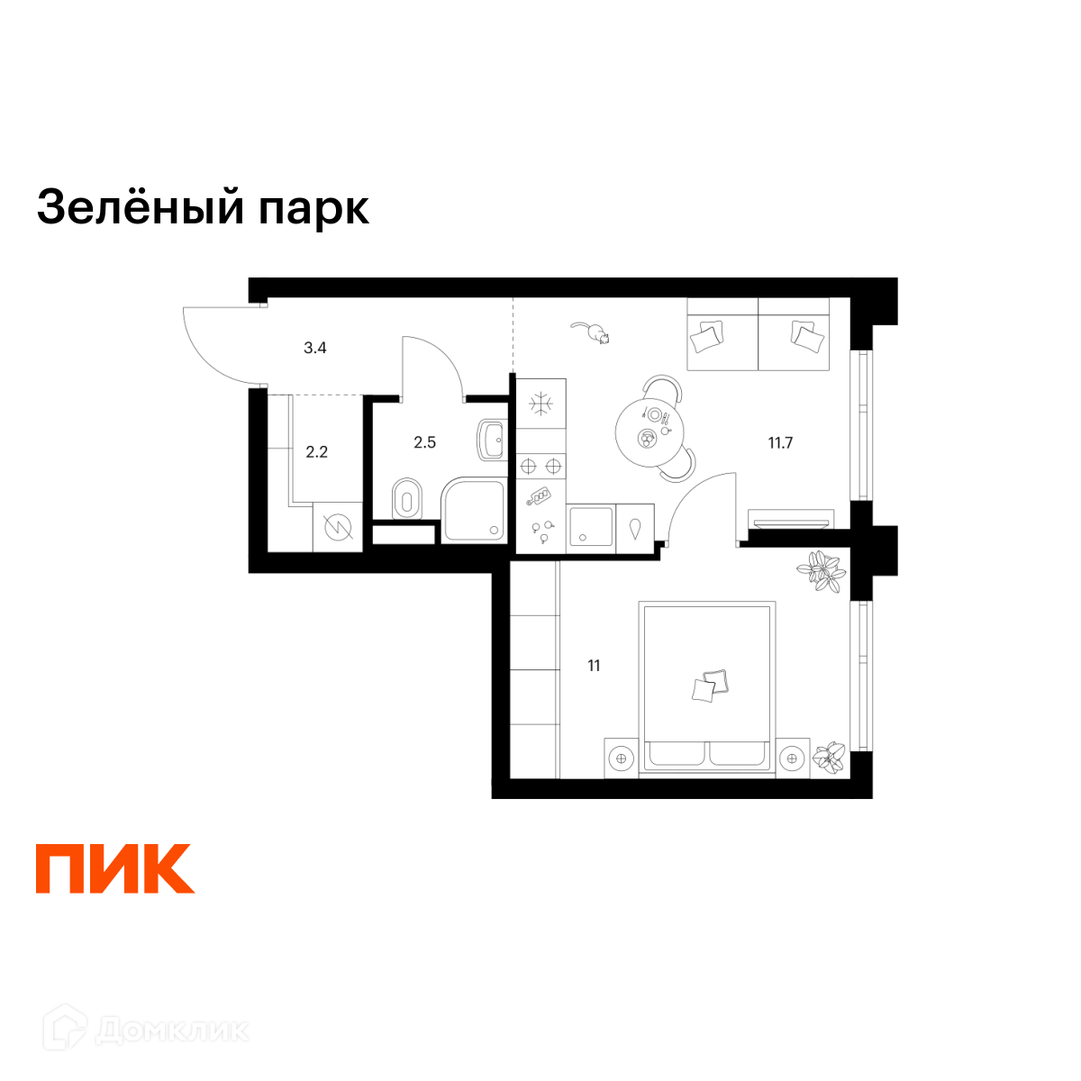 Планировка 1-комн. в ЖК «Зелёный парк»