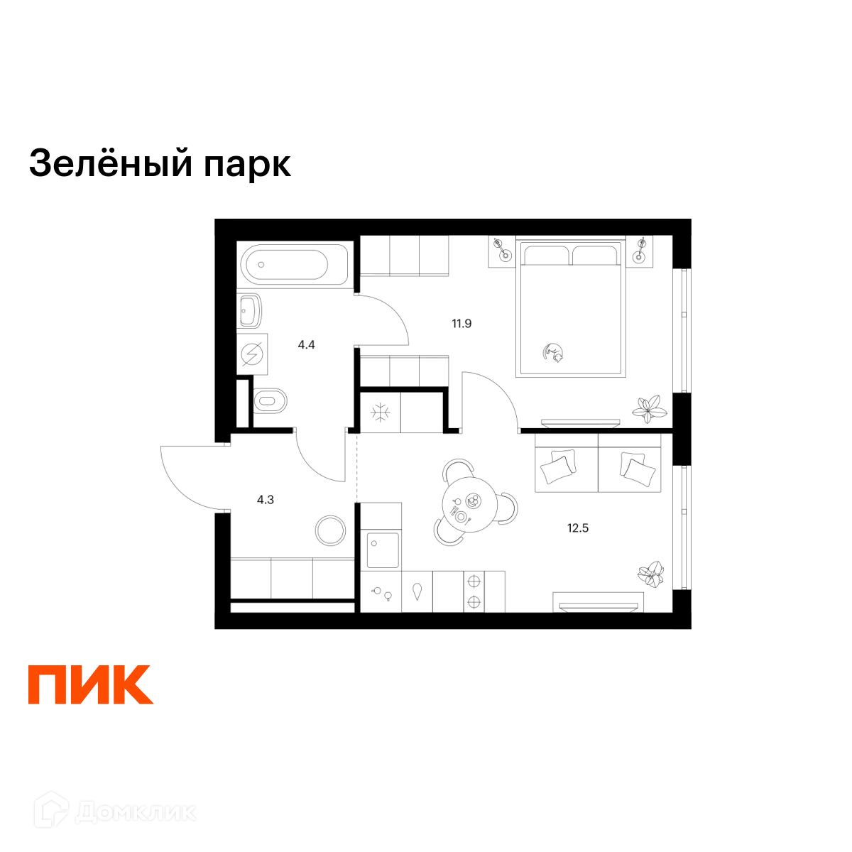 Планировка 1-комн. в ЖК «Зелёный парк»