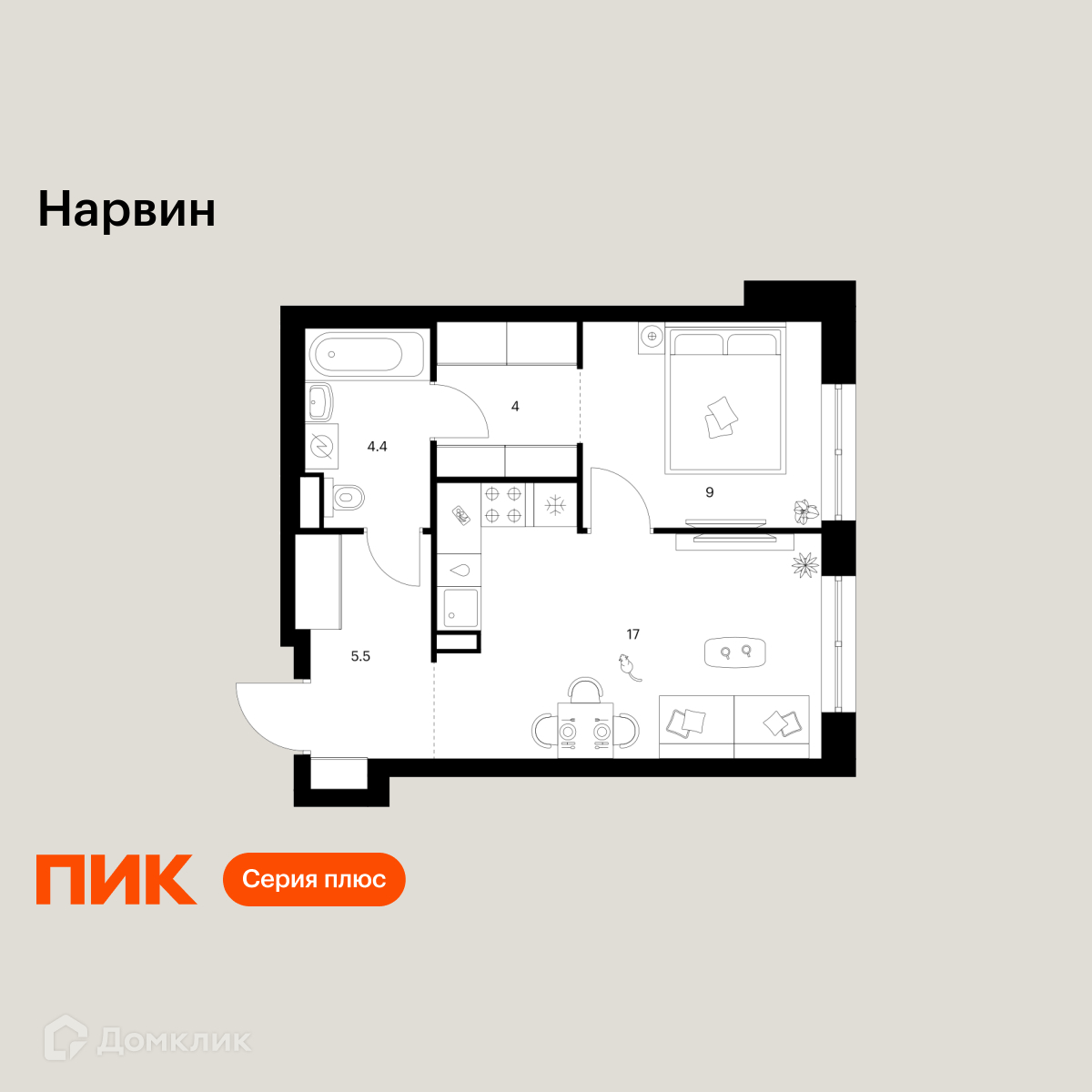 Планировка 1-комн. в ЖК «Нарвин»