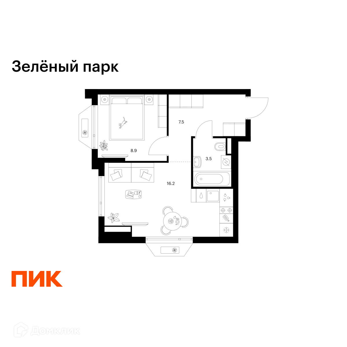 Планировка 1-комн. в ЖК «Зелёный парк»