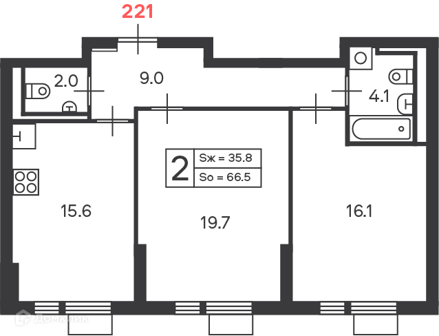 Планировка 2-комн. в ЖК «Дмитровское шоссе 89 (Московские кварталы)»