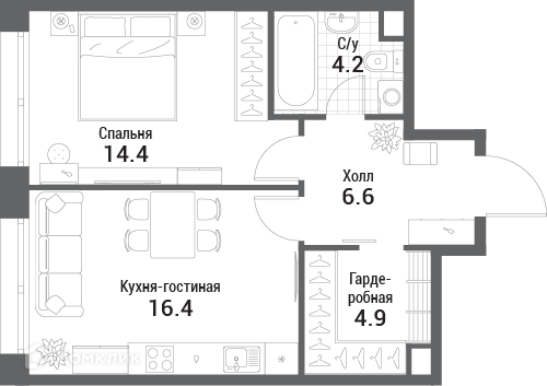 Планировка 1-комн. в ЖК «Нагатино Ай-Лэнд»