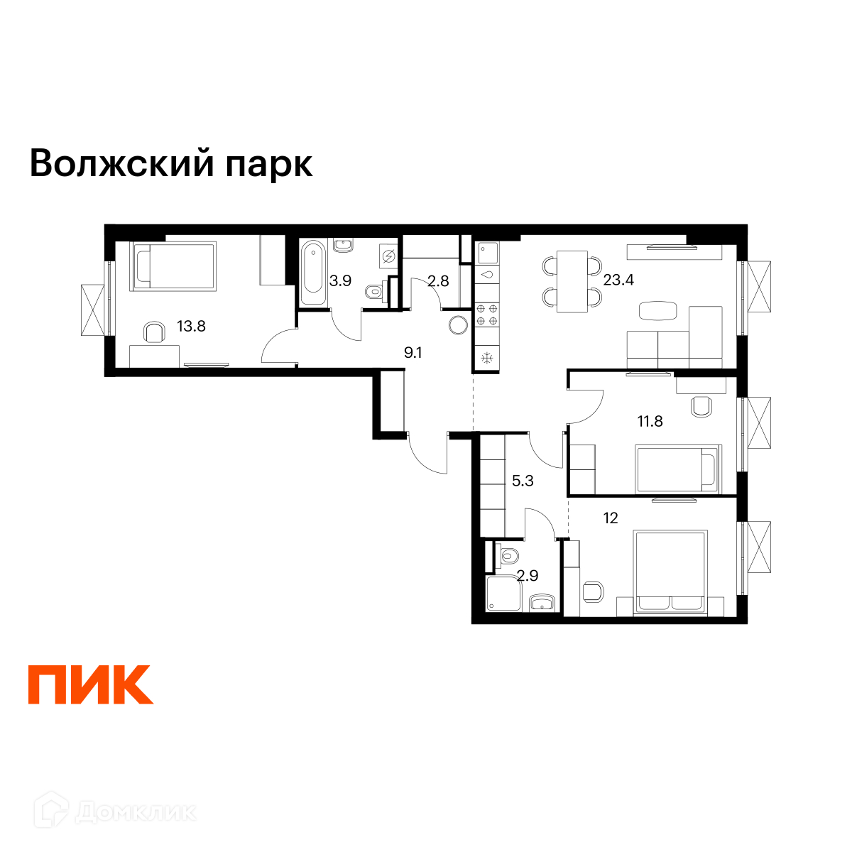 Планировка 3-комн. в ЖК «Волжский парк»