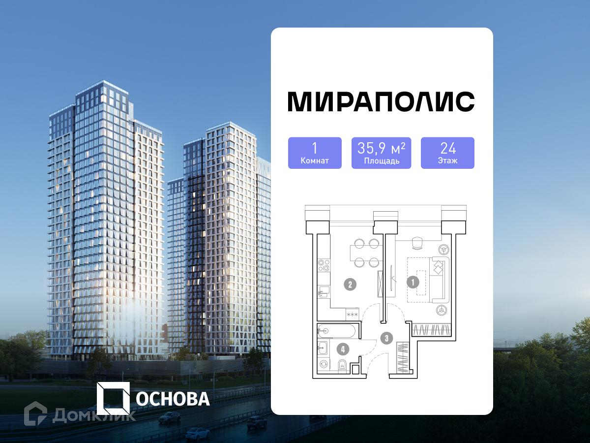 Планировка 1-комн. в ЖК «квартал «МИРАПОЛИС»