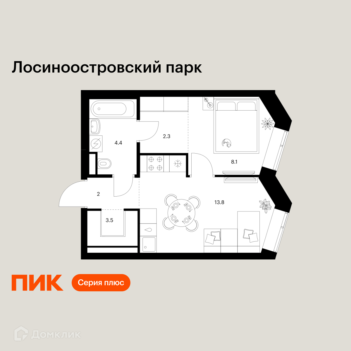 Планировка 1-комн. в ЖК «Лосиноостровский парк»