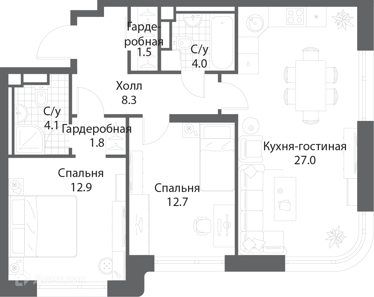 Планировка 2-комн. в ЖК «Нагатино Ай-Лэнд»
