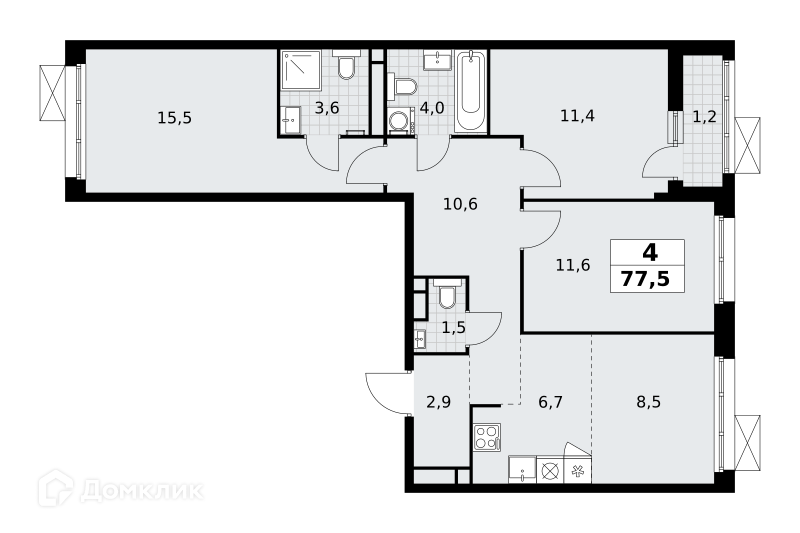 Планировка 4-комн. в ЖК «Родные кварталы»