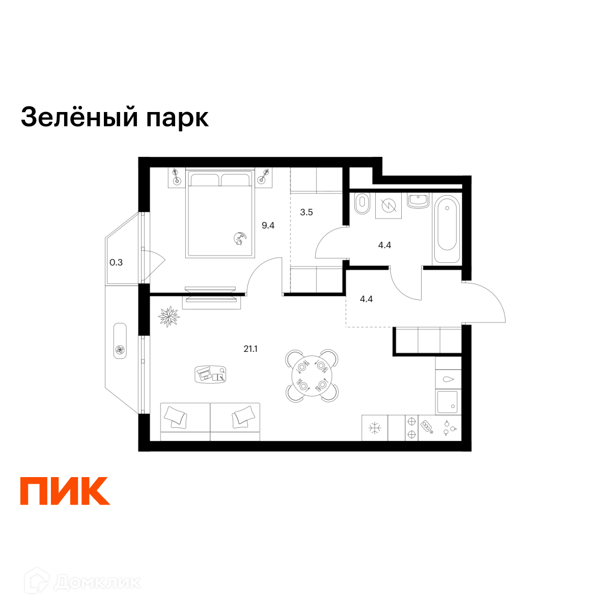 Планировка 1-комн. в ЖК «Зелёный парк»
