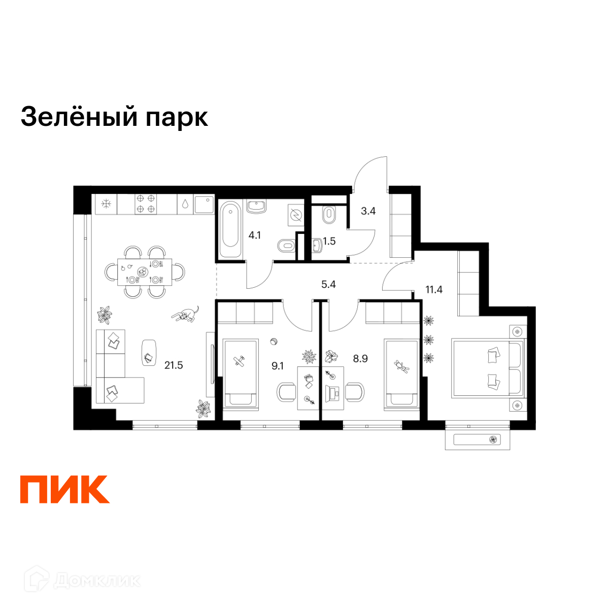 Планировка 3-комн. в ЖК «Зелёный парк»