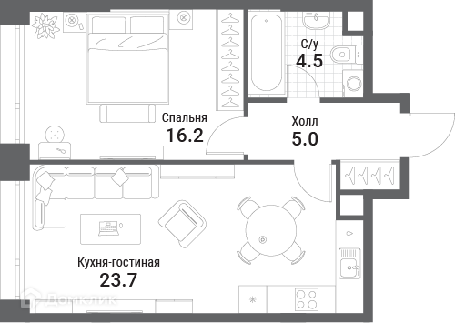 Планировка 1-комн. в ЖК «Нагатино Ай-Лэнд»