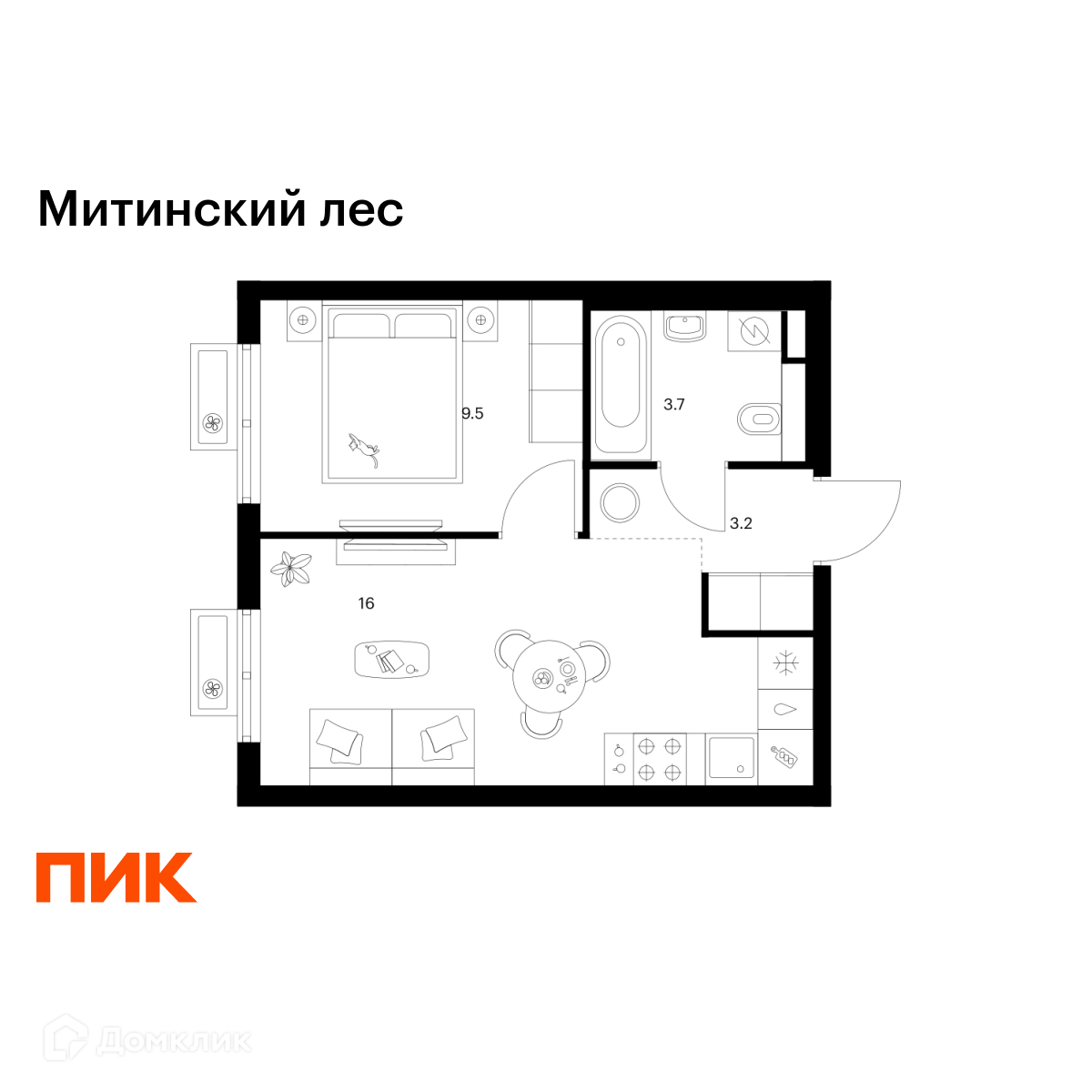 Планировка 1-комн. в ЖК «Митинский лес»