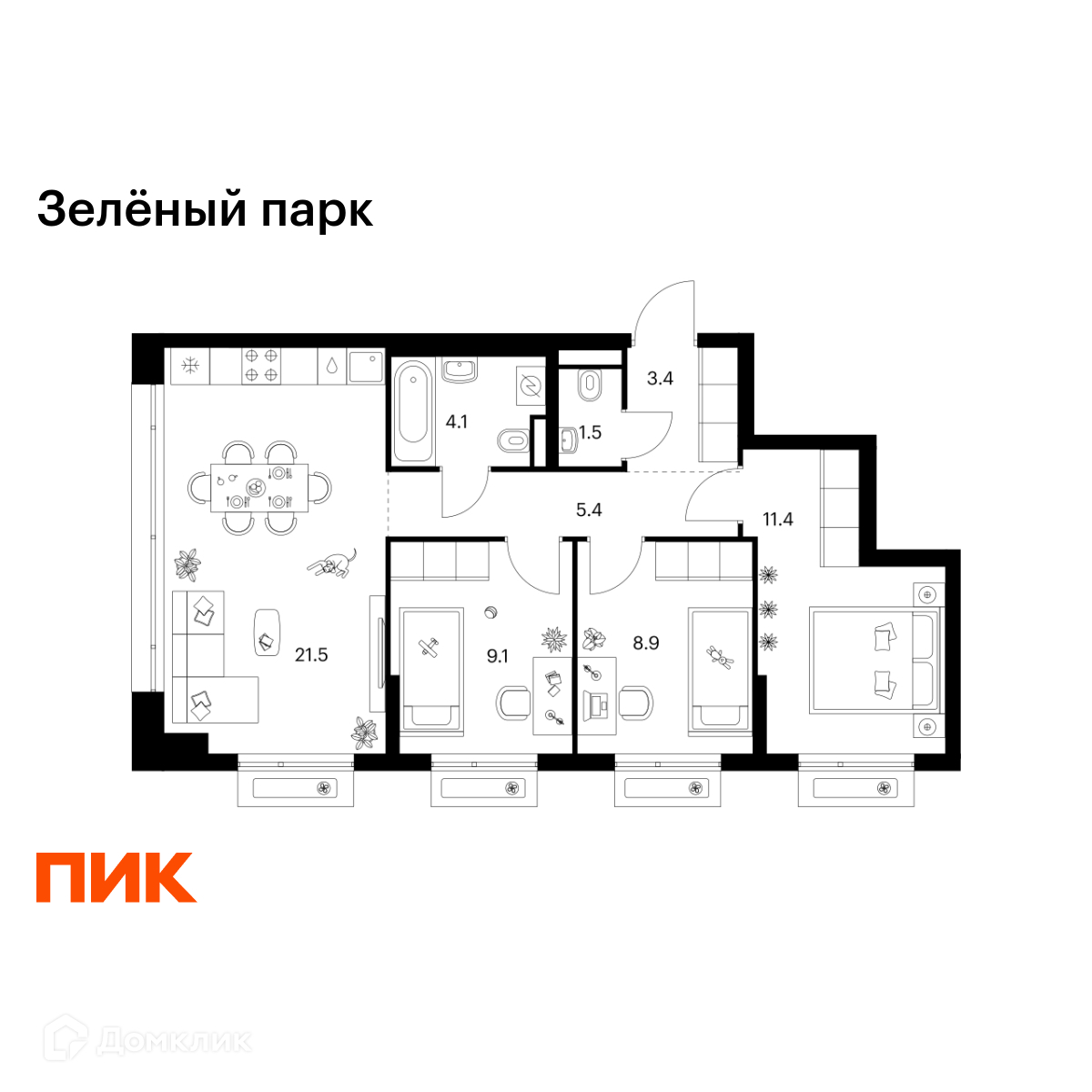 Планировка 3-комн. в ЖК «Зелёный парк»