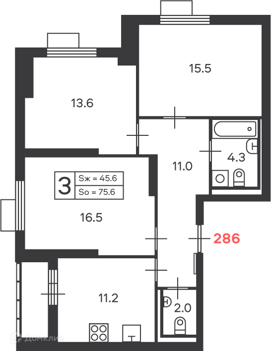 Планировка 3-комн. в ЖК «Дмитровское шоссе 89 (Московские кварталы)»