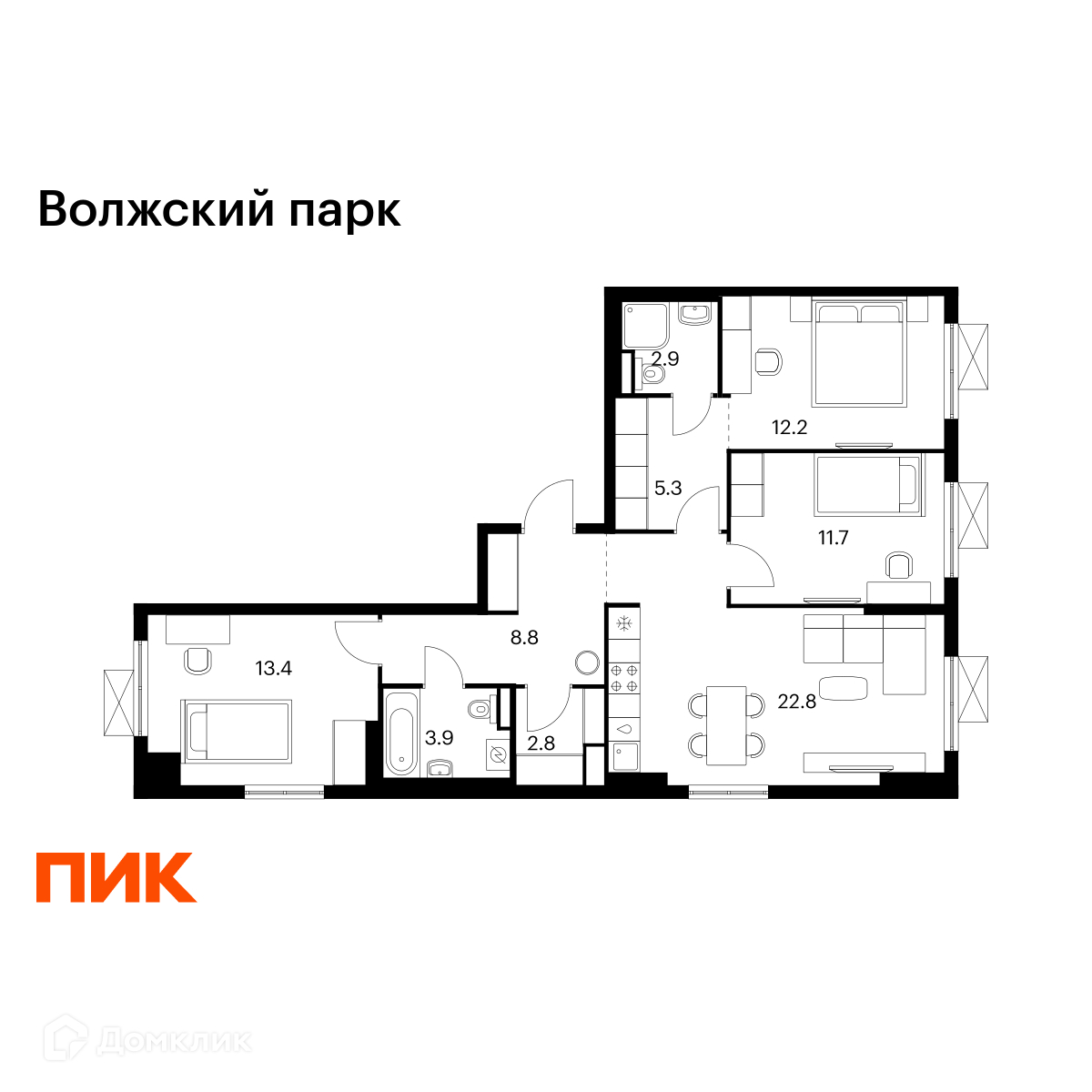 Планировка 3-комн. в ЖК «Волжский парк»