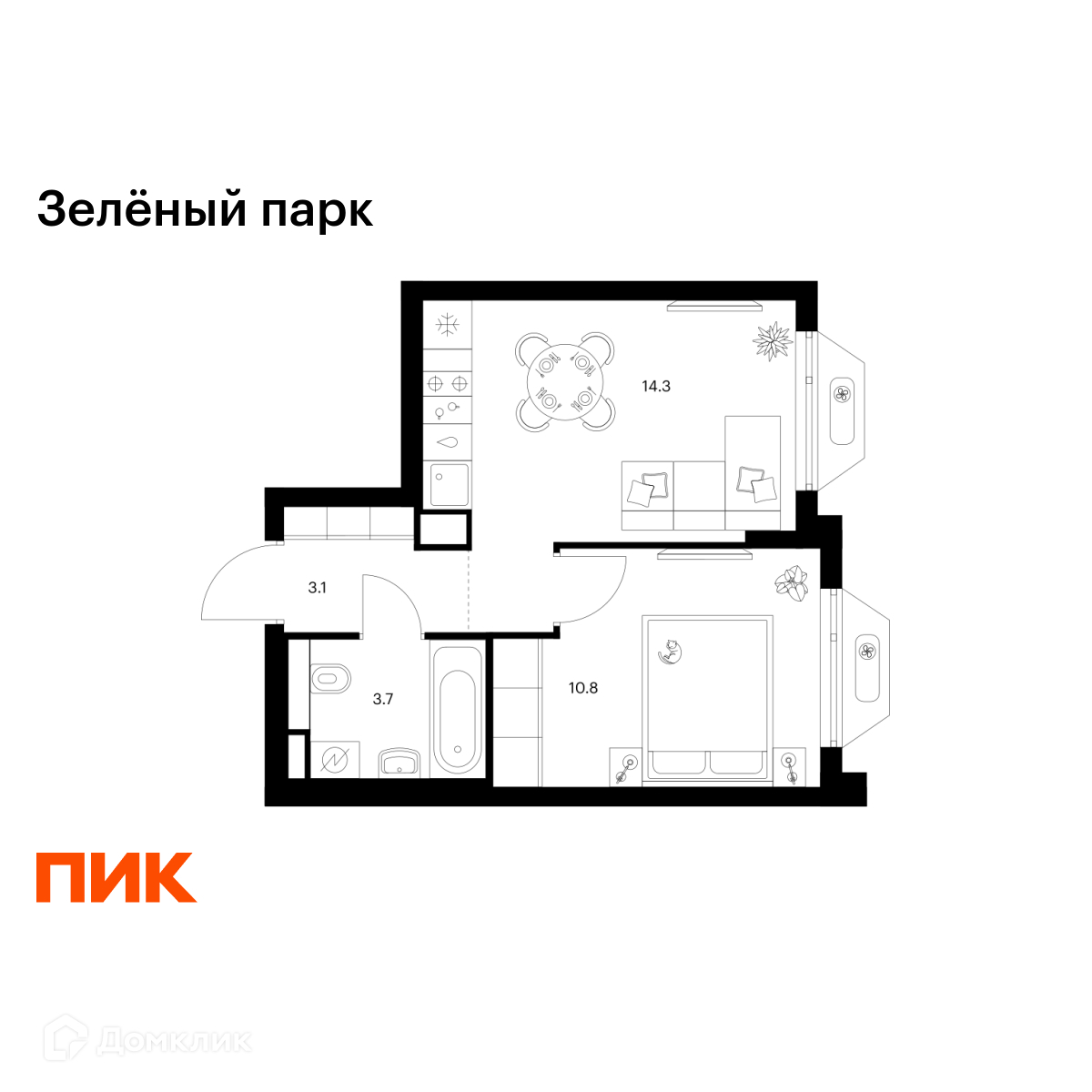 Планировка 1-комн. в ЖК «Зелёный парк»