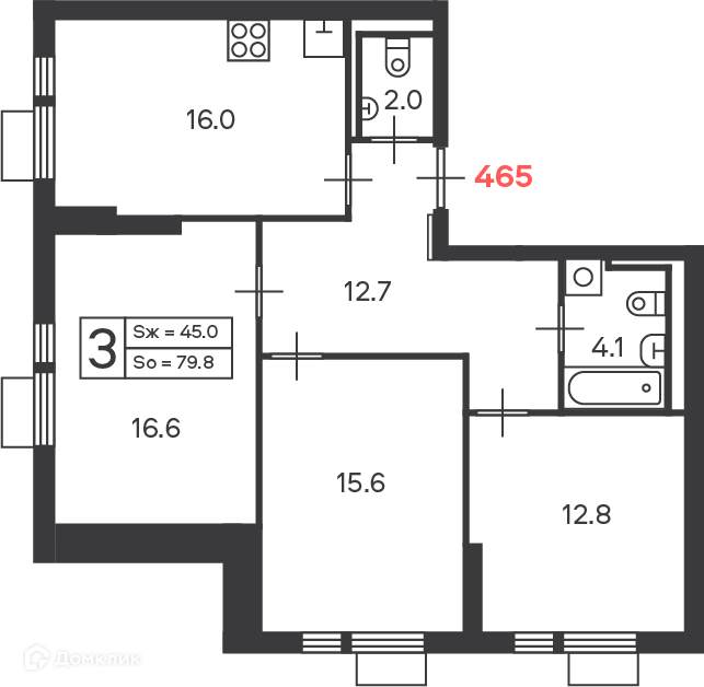 Планировка 3-комн. в ЖК «Дмитровское шоссе 89 (Московские кварталы)»