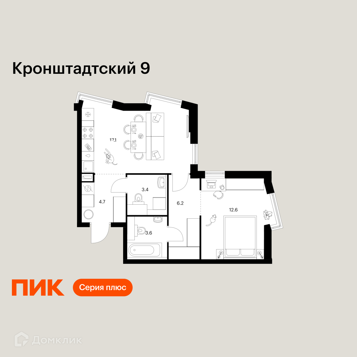 Планировка 1-комн. в ЖК «Кронштадтский 9»