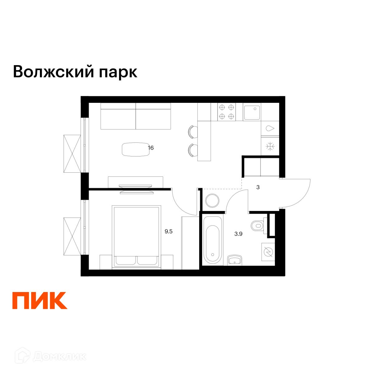 Планировка 1-комн. в ЖК «Волжский парк»