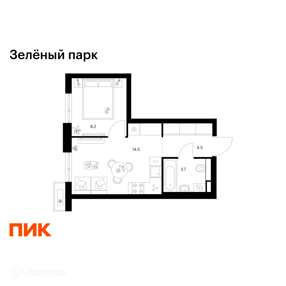 Планировка 1-комн. в ЖК «Зелёный парк»