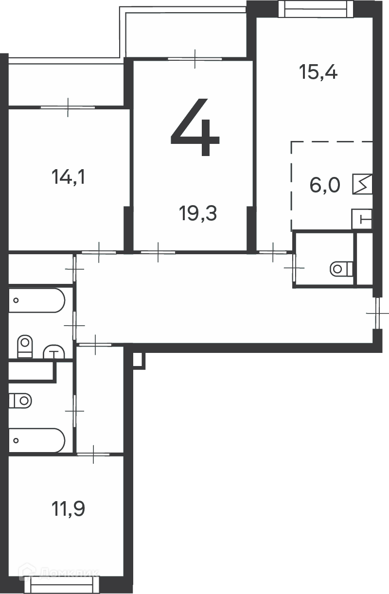 Планировка 4-комн. в ЖК «Клинская ул., д. 2А, к. 7 (Московские кварталы)»